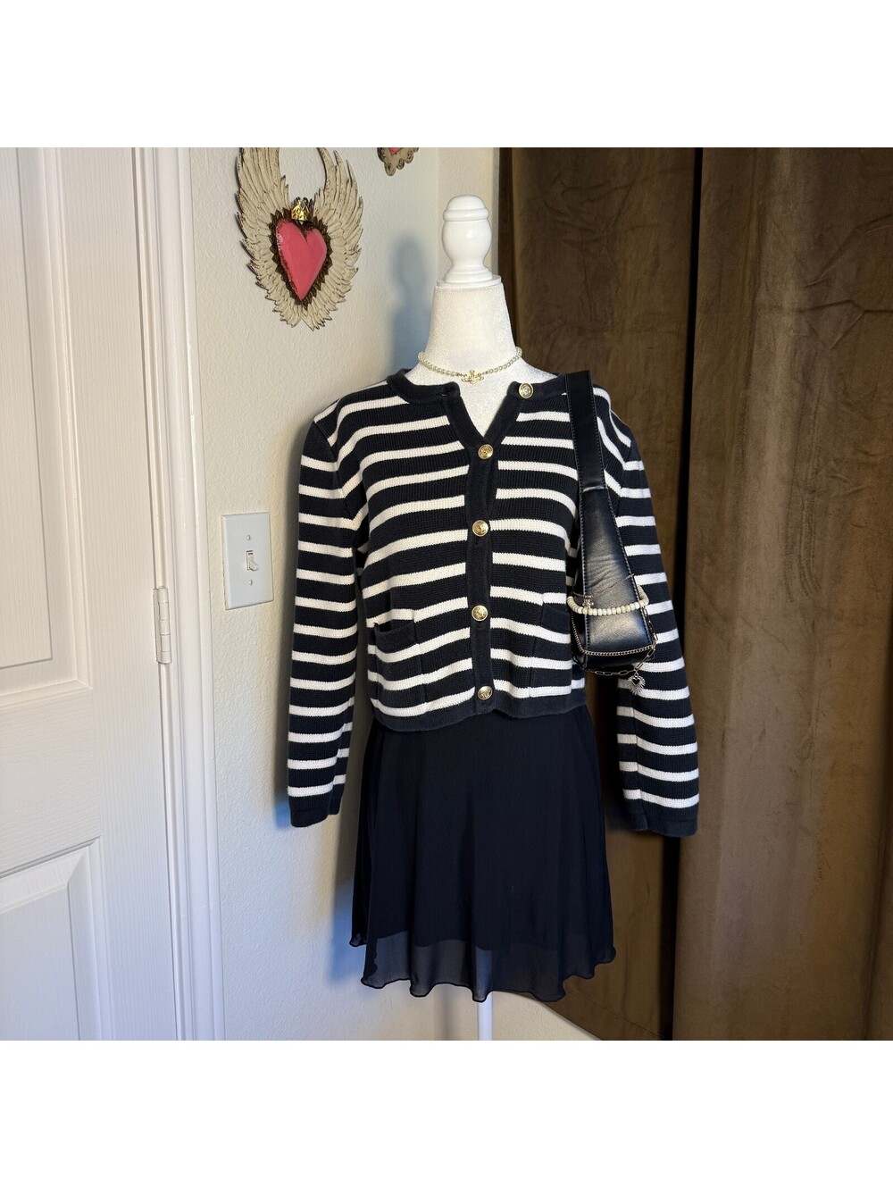 J. Crew Emile Sweater Lady Jacket Cardigan Black Stripe Gold Buttons Preppy Sz S